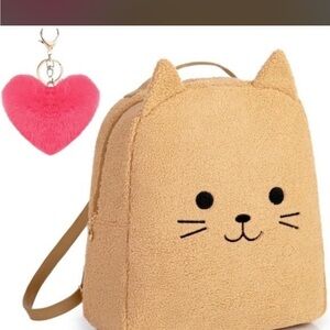 Adorable Tan Cat Backpack with Pink Heart Keychain